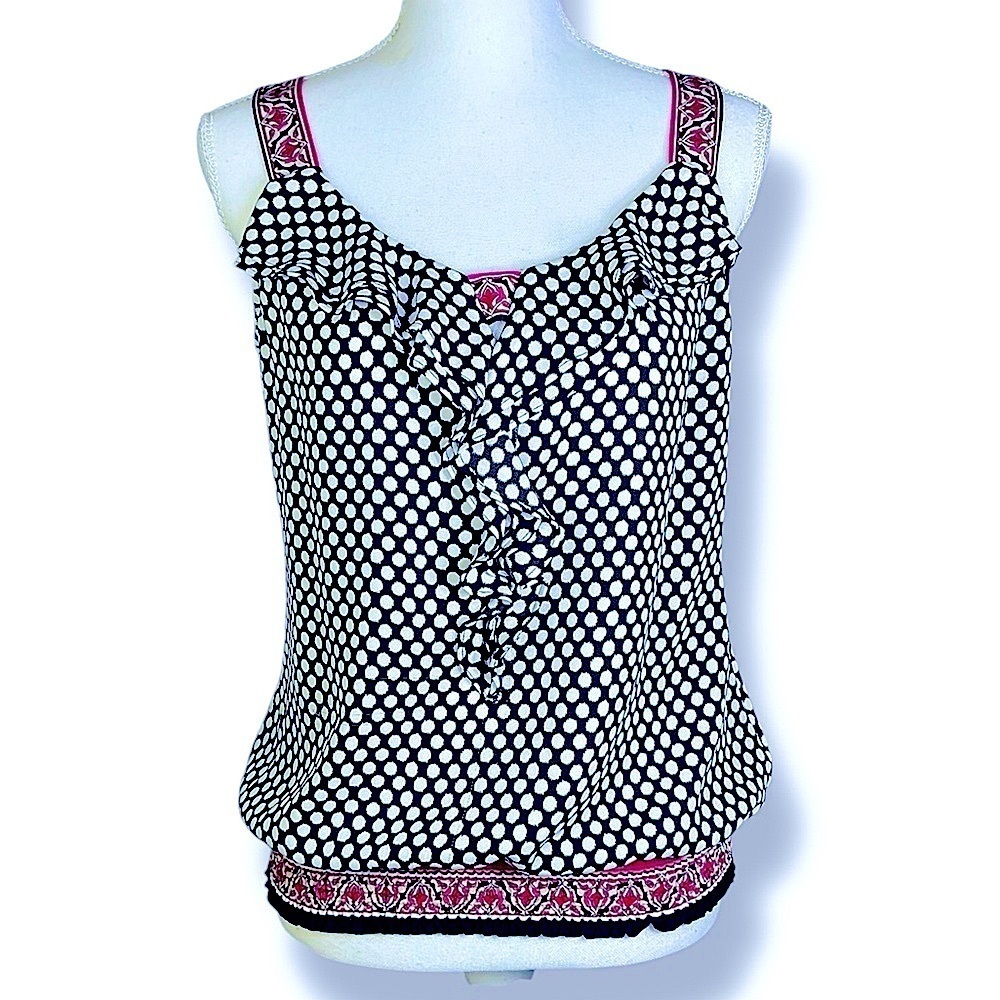 White House Black Market Polka Dot Ruffle Smocked Blousy Tank Top Black White SM